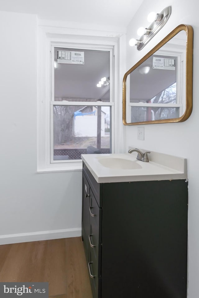 bathroom with vanity and wood-type flooring