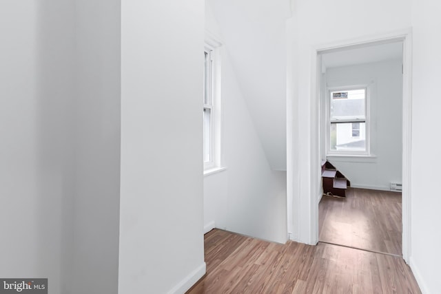 hallway featuring light hardwood / wood-style flooring and a baseboard heating unit