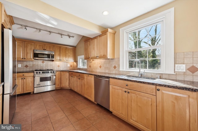 kitchen featuring stainless steel appliances, tasteful backsplash, sink, and dark tile patterned flooring