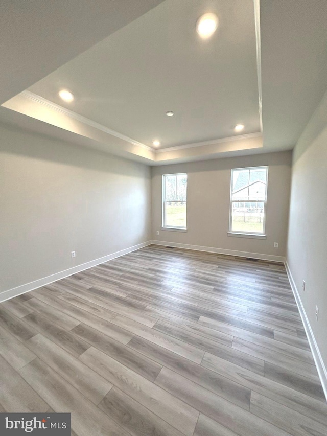 empty room with a tray ceiling and light hardwood / wood-style flooring