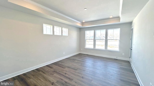 spare room with dark hardwood / wood-style floors and a raised ceiling