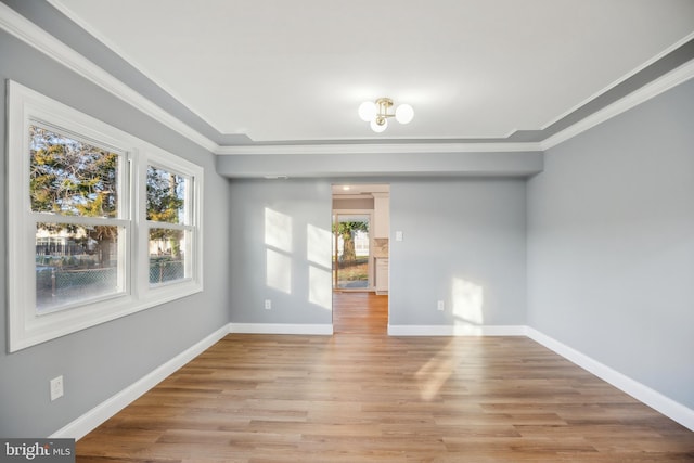 interior space with light hardwood / wood-style floors and ornamental molding