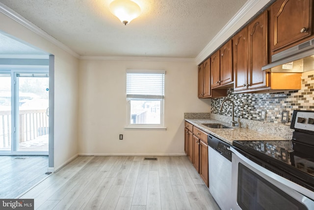 kitchen with sink, dishwasher, a healthy amount of sunlight, electric range oven, and tasteful backsplash