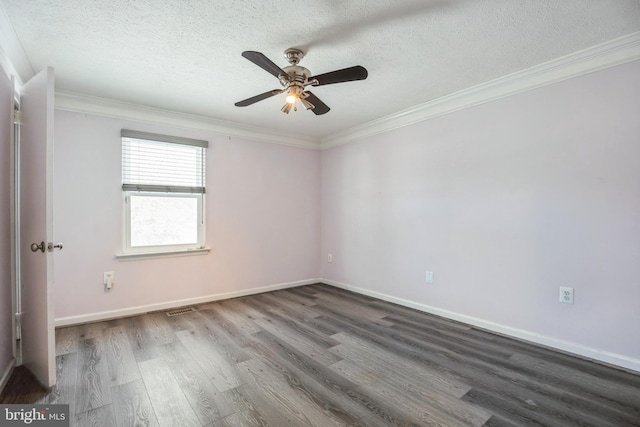 unfurnished room with a textured ceiling, ceiling fan, dark hardwood / wood-style floors, and ornamental molding