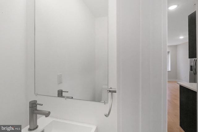 bathroom with hardwood / wood-style floors and vanity