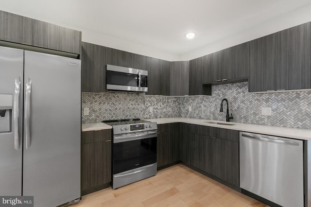 kitchen with decorative backsplash, light wood-type flooring, sink, and appliances with stainless steel finishes