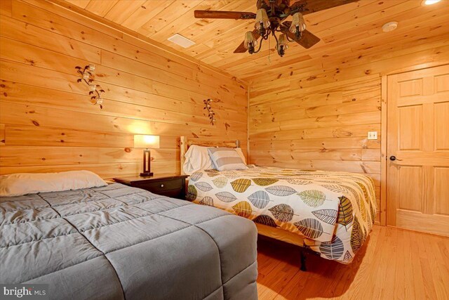 bedroom featuring hardwood / wood-style flooring, ceiling fan, wooden ceiling, and wooden walls