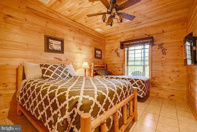 bedroom featuring tile patterned floors, ceiling fan, wooden ceiling, and wooden walls