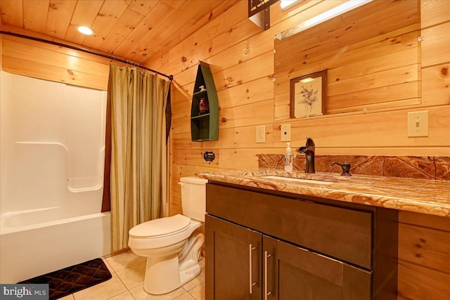 full bathroom with shower / bath combination with curtain, tile patterned floors, wood ceiling, vanity, and wood walls