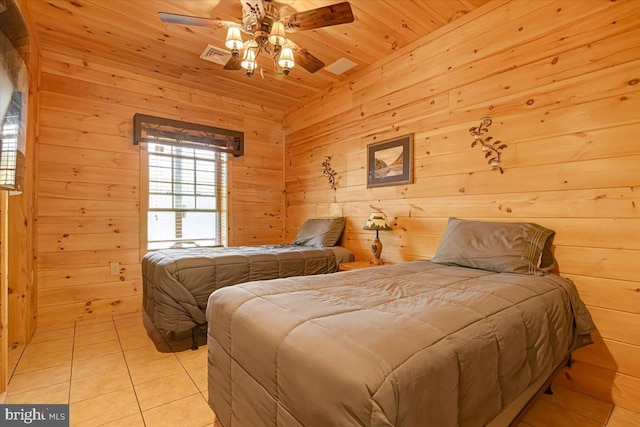 tiled bedroom featuring wood ceiling, ceiling fan, and wood walls