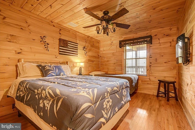 bedroom featuring wooden ceiling, light hardwood / wood-style floors, ceiling fan, and wooden walls