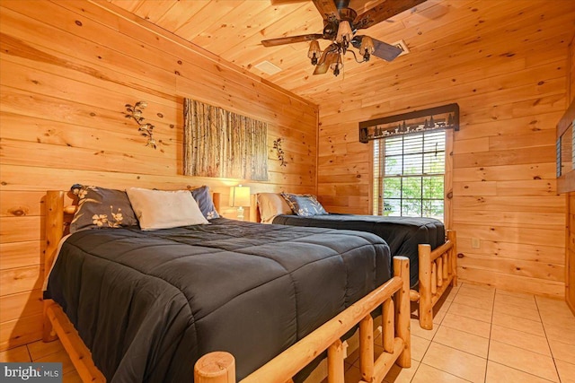 tiled bedroom featuring wooden walls, ceiling fan, and wood ceiling