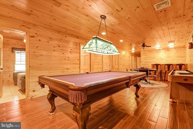 game room featuring wood ceiling, ceiling fan, wooden walls, light hardwood / wood-style floors, and pool table