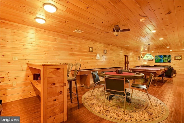 recreation room with hardwood / wood-style floors, wooden ceiling, wooden walls, ceiling fan, and pool table