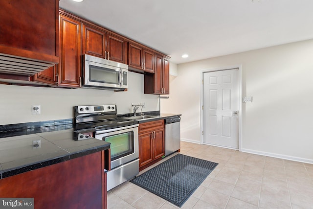 kitchen with sink, light tile patterned flooring, and stainless steel appliances