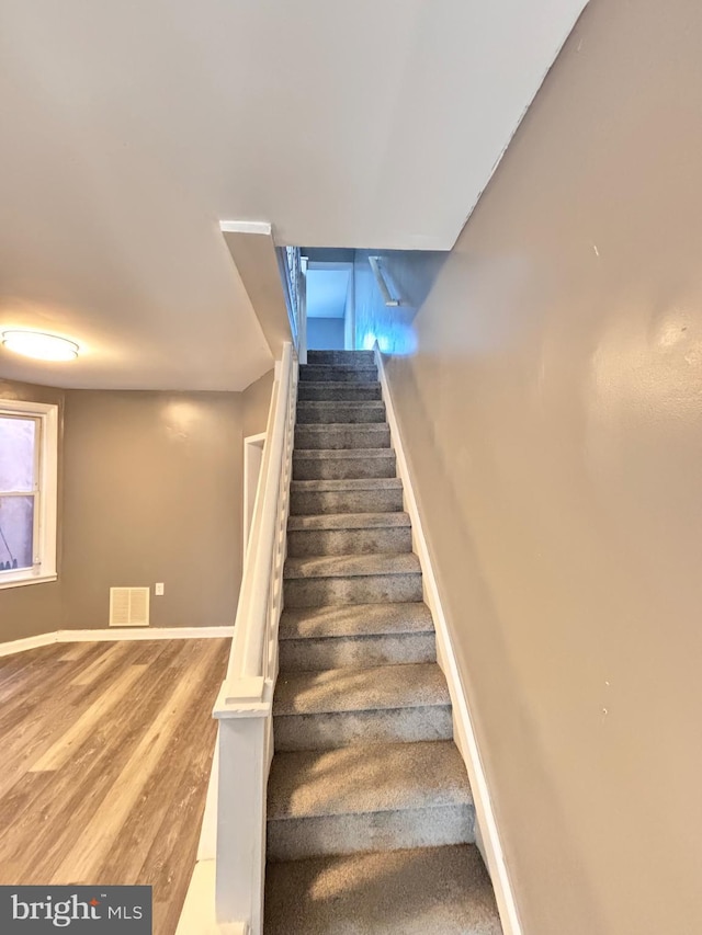 staircase with wood-type flooring