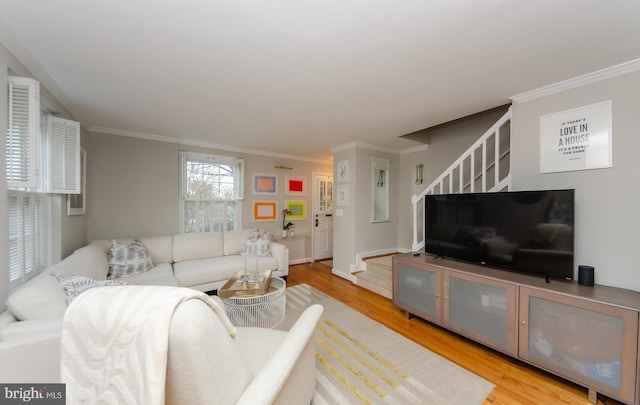 living room with crown molding and light hardwood / wood-style floors