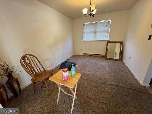 unfurnished room featuring baseboard heating, carpet flooring, and an inviting chandelier