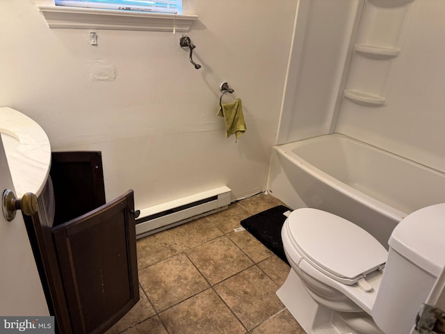 bathroom with tile patterned floors, a baseboard radiator, toilet, and shower / bathtub combination