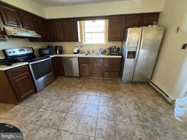 kitchen featuring dark brown cabinets, stainless steel appliances, a baseboard radiator, and sink