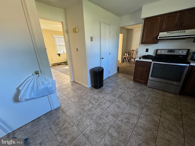 kitchen featuring a baseboard heating unit, dark brown cabinetry, stainless steel range with electric stovetop, and ventilation hood