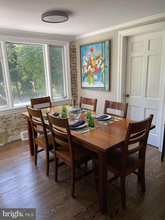 dining room with dark wood-type flooring, a healthy amount of sunlight, and ornamental molding