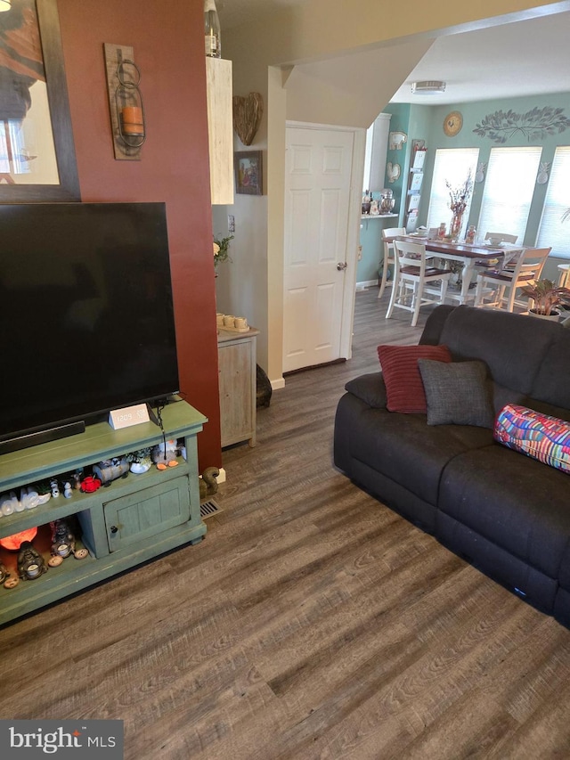 living room featuring dark wood-type flooring