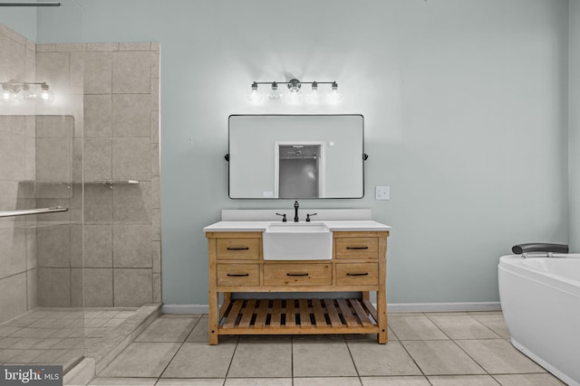 bathroom featuring tile patterned flooring, vanity, and independent shower and bath