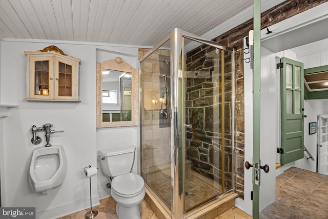 bathroom featuring wood ceiling, a shower with shower door, and toilet