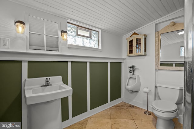 bathroom with tile patterned flooring, toilet, lofted ceiling, and wood ceiling