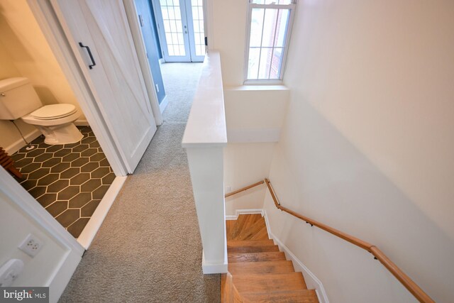 staircase featuring french doors and carpet