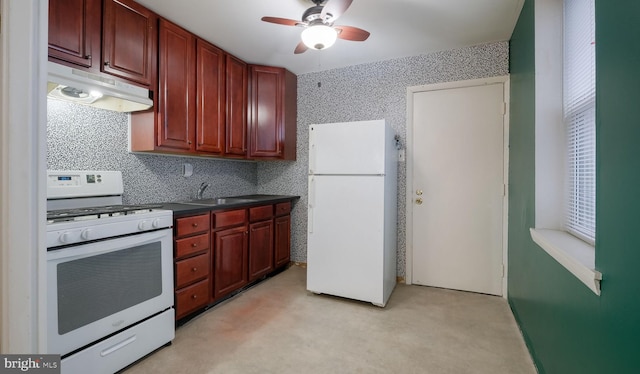 kitchen featuring ceiling fan, white appliances, plenty of natural light, and sink