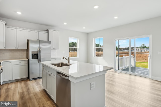 kitchen with sink, tasteful backsplash, light hardwood / wood-style floors, a kitchen island with sink, and appliances with stainless steel finishes