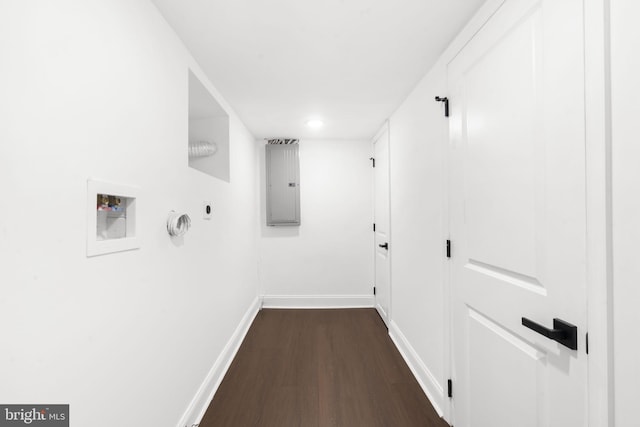 washroom featuring hookup for a washing machine, gas dryer hookup, electric dryer hookup, electric panel, and dark hardwood / wood-style floors