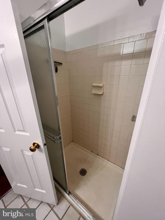 bathroom featuring tile patterned floors and a shower with door