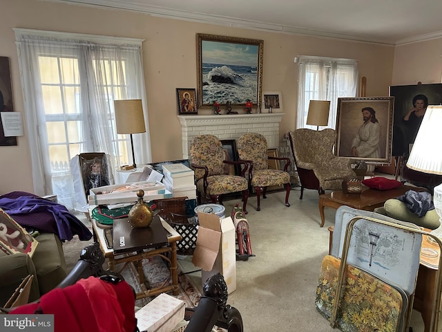 living room featuring carpet flooring, a fireplace, and crown molding