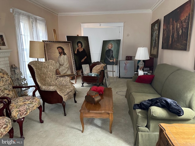 living area featuring light colored carpet, crown molding, and a brick fireplace