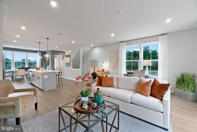 living room featuring a wealth of natural light and light wood-type flooring