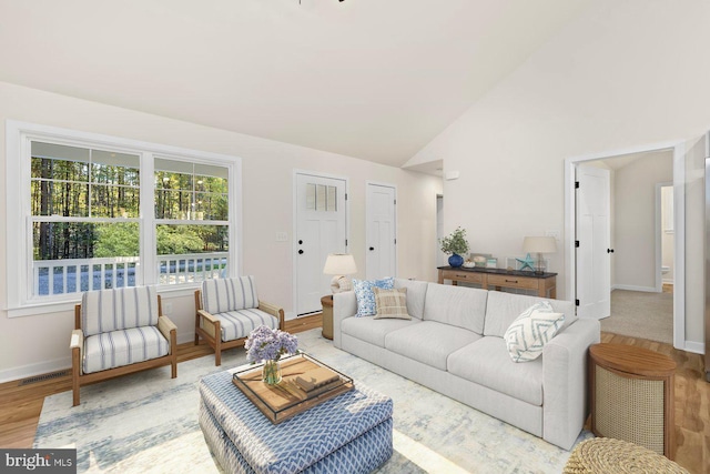 living room featuring high vaulted ceiling and light hardwood / wood-style flooring