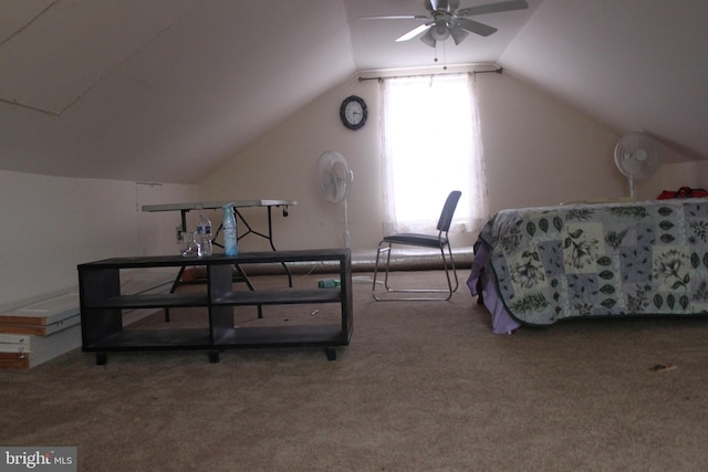 carpeted bedroom with ceiling fan and lofted ceiling