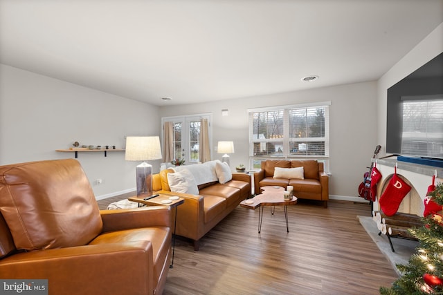 living room featuring a wealth of natural light, hardwood / wood-style floors, and french doors