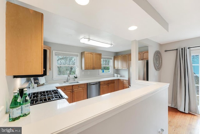 kitchen featuring sink, stainless steel appliances, light hardwood / wood-style flooring, and kitchen peninsula