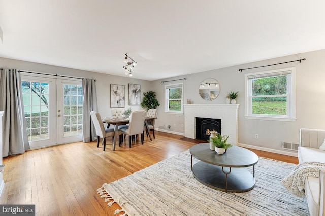 living room with light hardwood / wood-style floors, a brick fireplace, french doors, and a healthy amount of sunlight