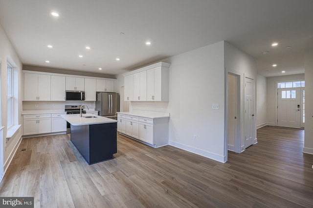 kitchen featuring stainless steel appliances, wood finished floors, a sink, and recessed lighting