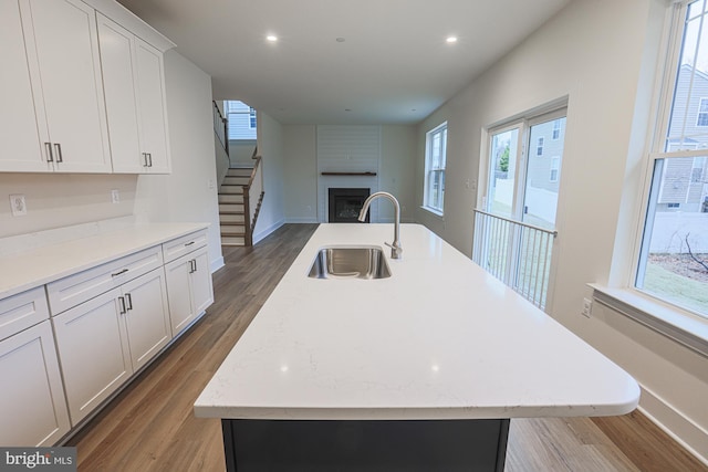 kitchen featuring a kitchen island with sink, a sink, a fireplace, and wood finished floors