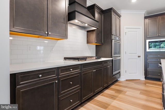 kitchen with appliances with stainless steel finishes, light wood-type flooring, premium range hood, backsplash, and dark brown cabinetry