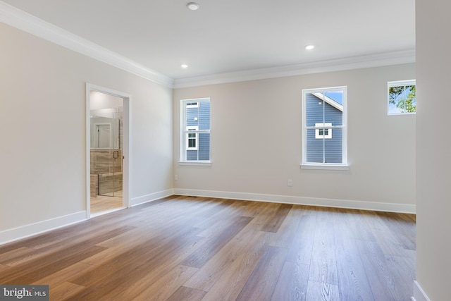 empty room featuring light hardwood / wood-style floors and ornamental molding