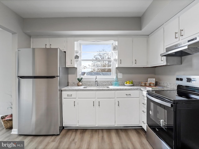 kitchen featuring sink, white cabinets, light hardwood / wood-style floors, and appliances with stainless steel finishes