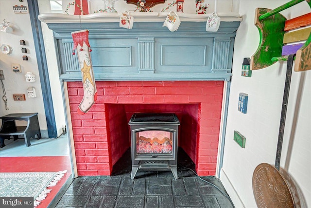 interior details with a wood stove