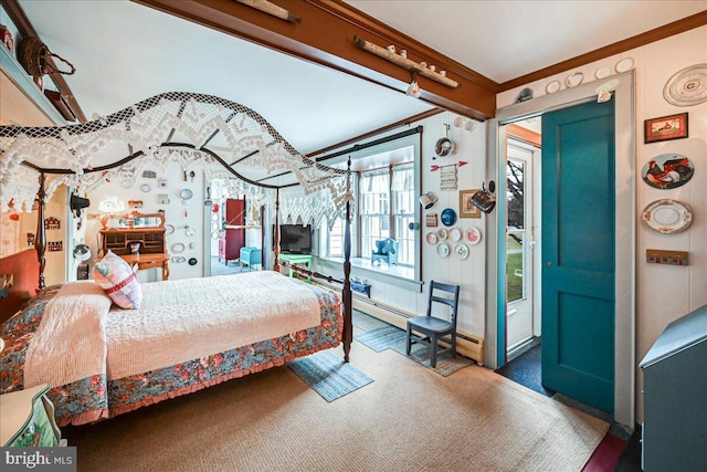 carpeted bedroom featuring ornamental molding